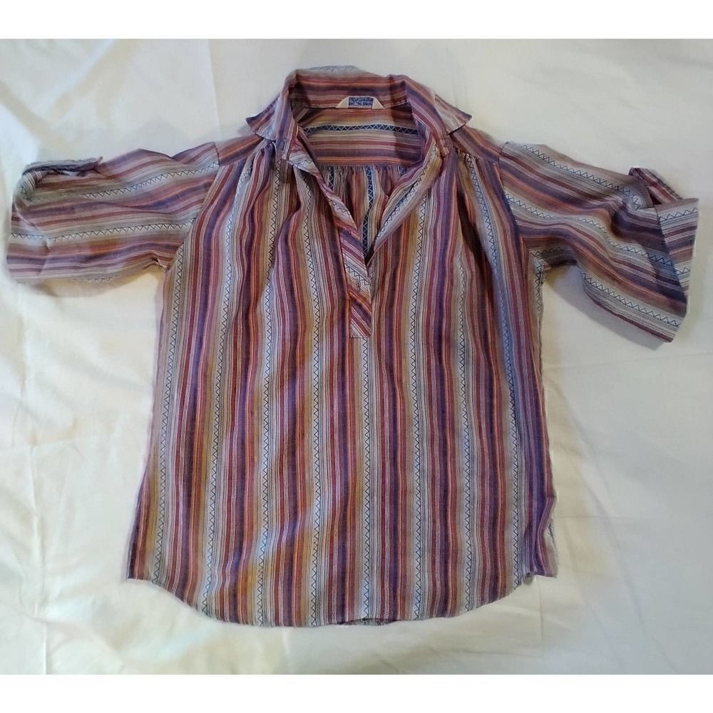 RETRO VINTAGE MISS FASHIONALITY SHIRT 70s PROP UNIQUE STRIPED WOVEN COTTON BLOUS